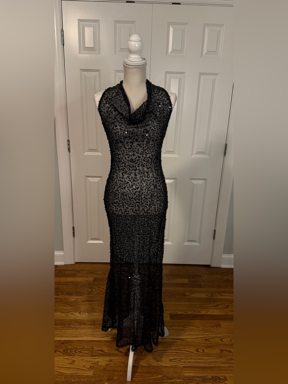 Babyboo Lorena Black Sequin Net Maxi Dress Size Medium Backless Whimsigoth Y2K